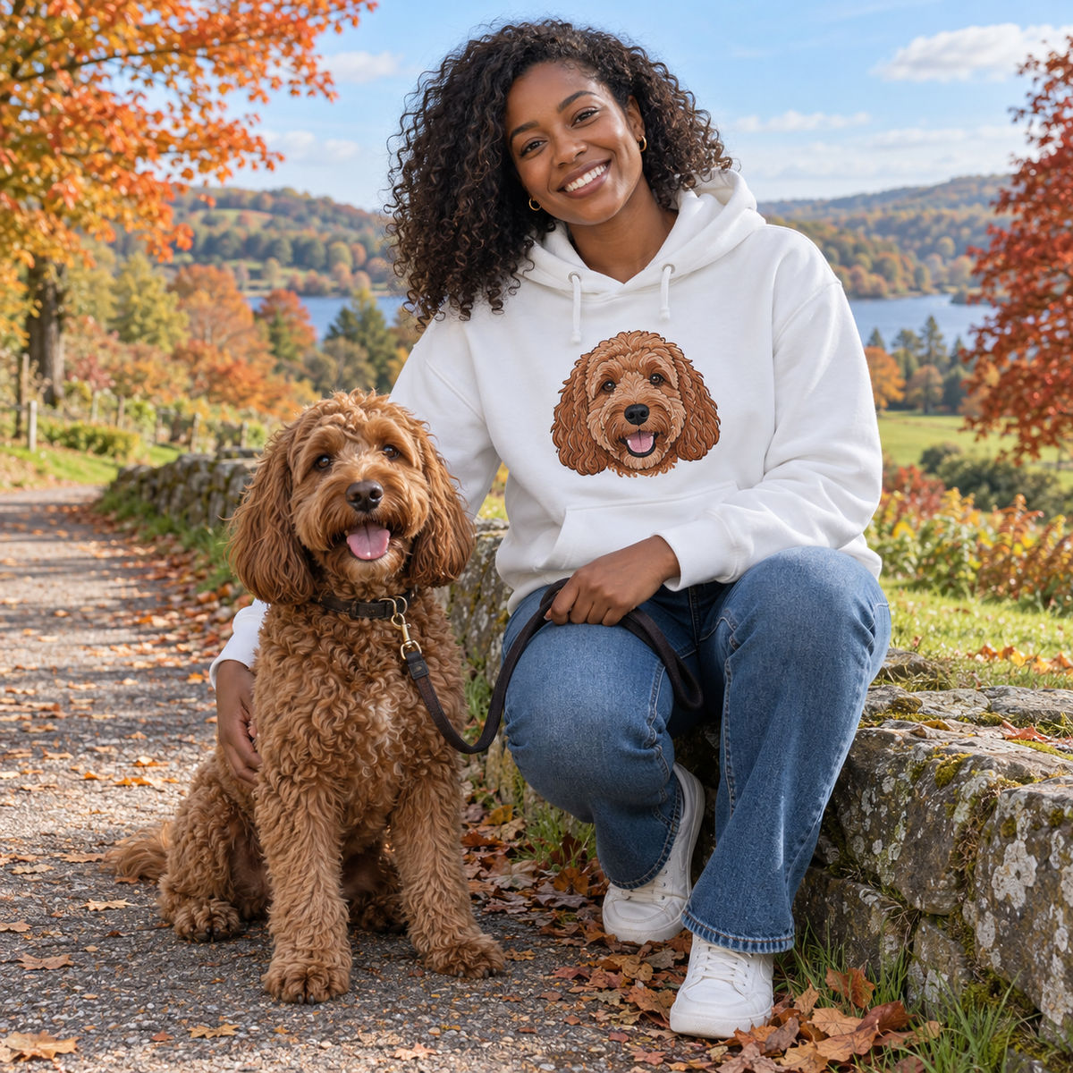 Woman on an autumn walk wearing a White hoodie embroidered with her cockapoo