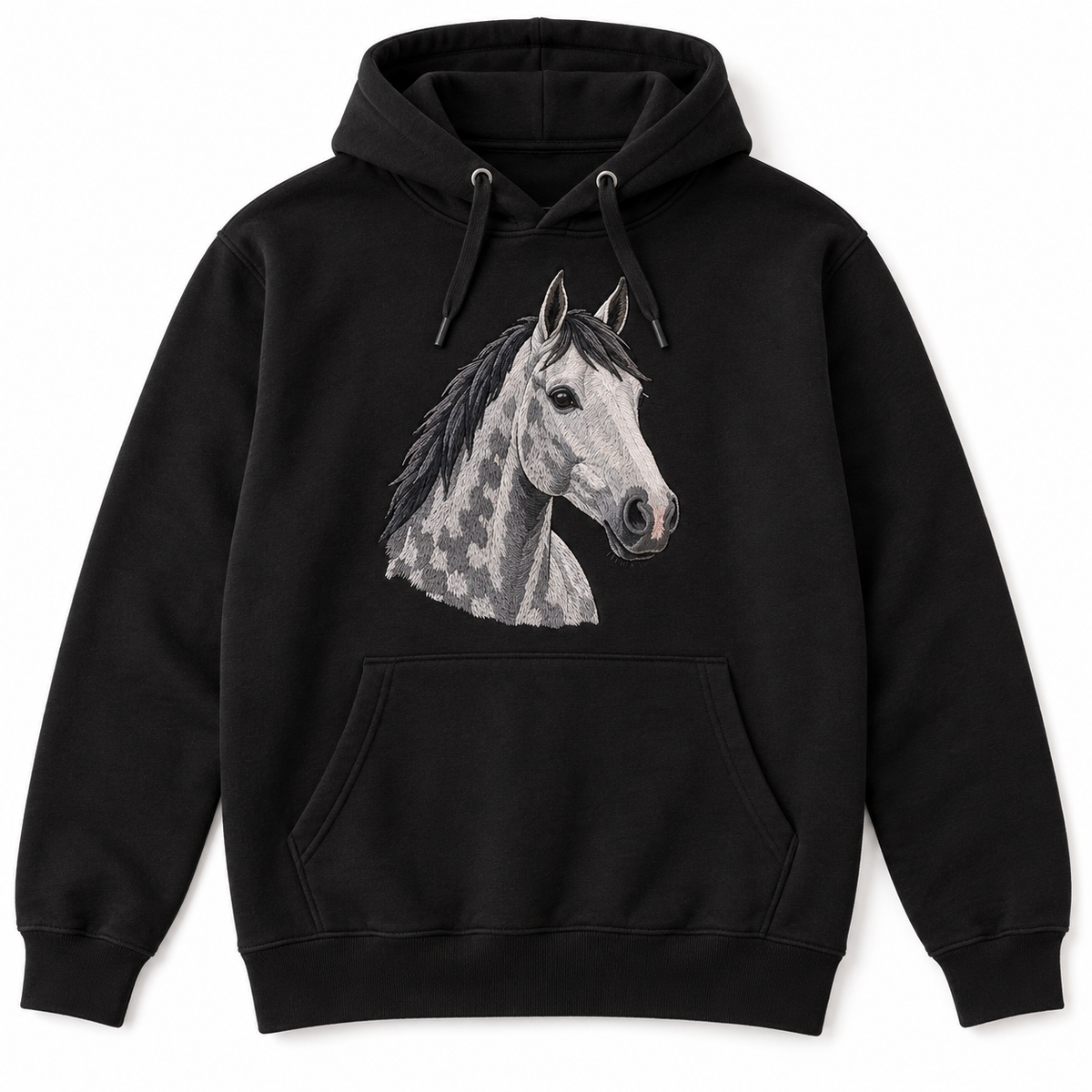 Black hoodie with a large embroidered grey dapple horse portrait
