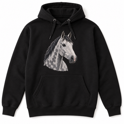Black hoodie with a large embroidered grey dapple horse portrait