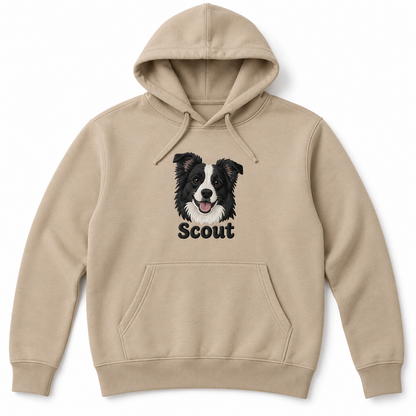 Desert Dust hoodie with a large embroidered border collie portrait named Scout