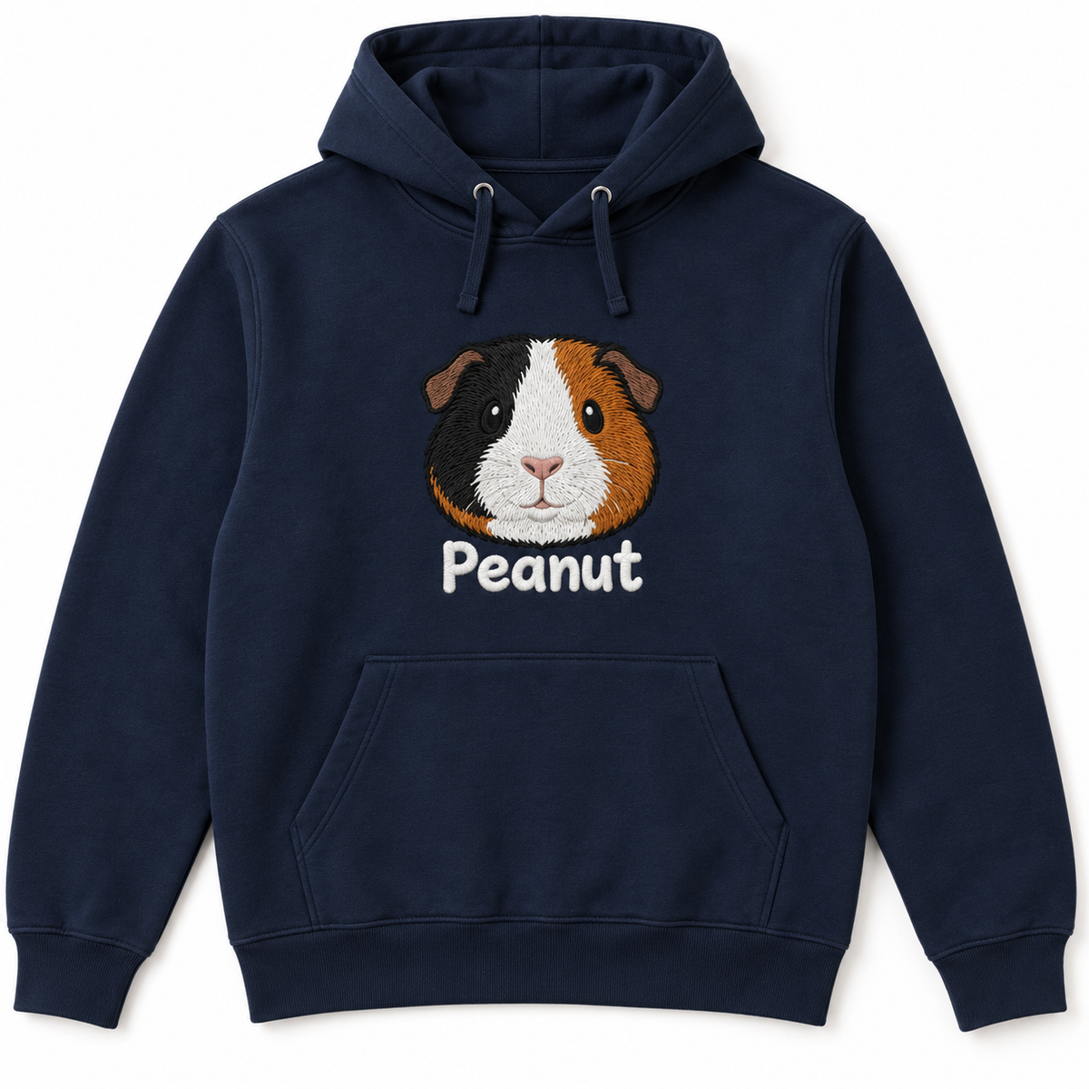 French Navy hoodie with a large embroidered guinea pig portrait named Peanut