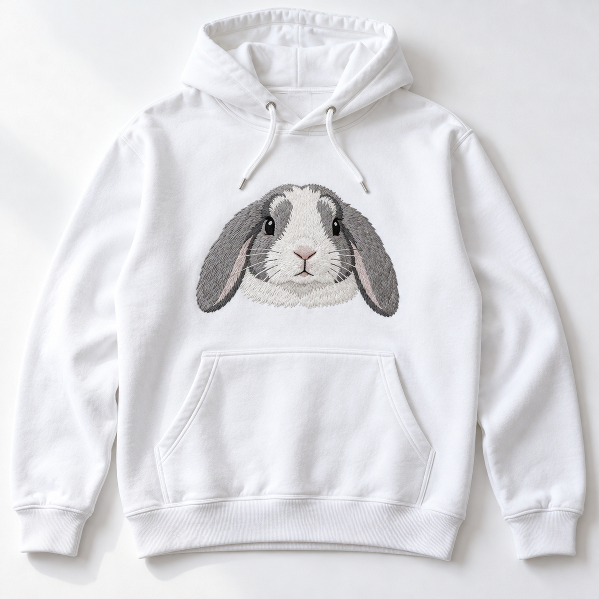White hoodie with a large embroidered lop-eared rabbit portrait